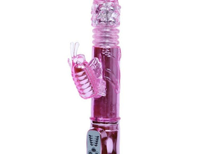 Pink transparenter silikon rabbit vibrator mit rotationsfunktion schmetterlingsdesign und silberner steuerung panel