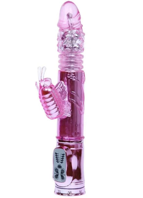 Pink transparenter silikon rabbit vibrator mit rotationsfunktion schmetterlingsdesign und silberner steuerung panel