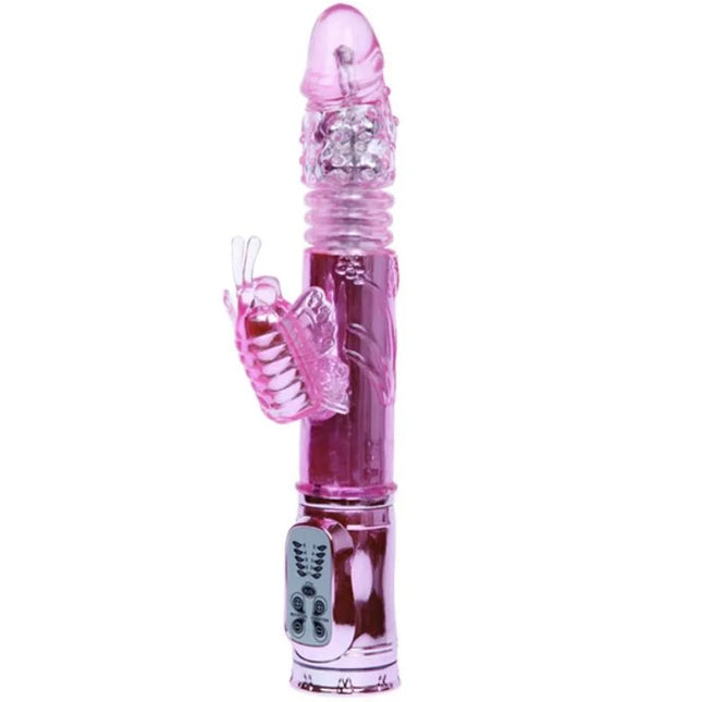 Pink transparenter silikon rabbit vibrator mit rotationsfunktion schmetterlingsdesign und silberner steuerung panel
