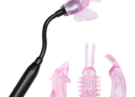 Baile zauberer zauberstabstimulator mit vibration pinke schmetterlings led lampe mit schwarzem flexstem und silberner spitze mit drei silikonaufsätzen in dolphin körperform insect und kaninchen
