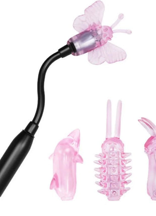 Baile zauberer zauberstabstimulator mit vibration pinke schmetterlings led lampe mit schwarzem flexstem und silberner spitze mit drei silikonaufsätzen in dolphin körperform insect und kaninchen