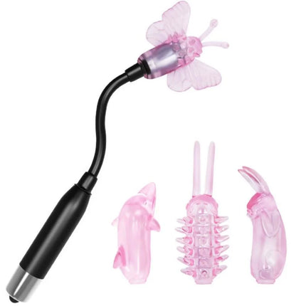 Baile zauberer zauberstabstimulator mit vibration pinke schmetterlings led lampe mit schwarzem flexstem und silberner spitze mit drei silikonaufsätzen in dolphin körperform insect und kaninchen