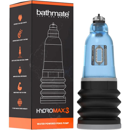 Bathmate hydromax 3 aqua blau wasserbetriebene penis pumpe mit transparentem blauem zylinder und schwarzer gummibasis