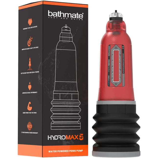 Bathmate hydromax 5 x20 rot wasserbetriebene penis pumpe mit rotem und schwarzem gehäuse, transparentem oberteil und messskala