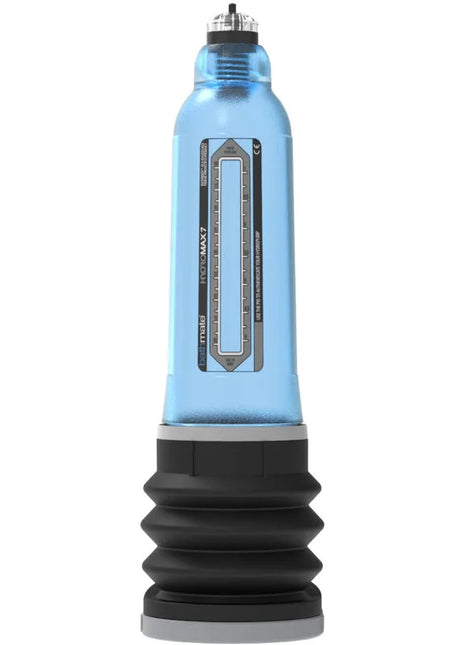 Blaue transparente plastik hydraulikpumpe mit schwarzer gummibasis und silberner metallkappe für penis-erhöhung