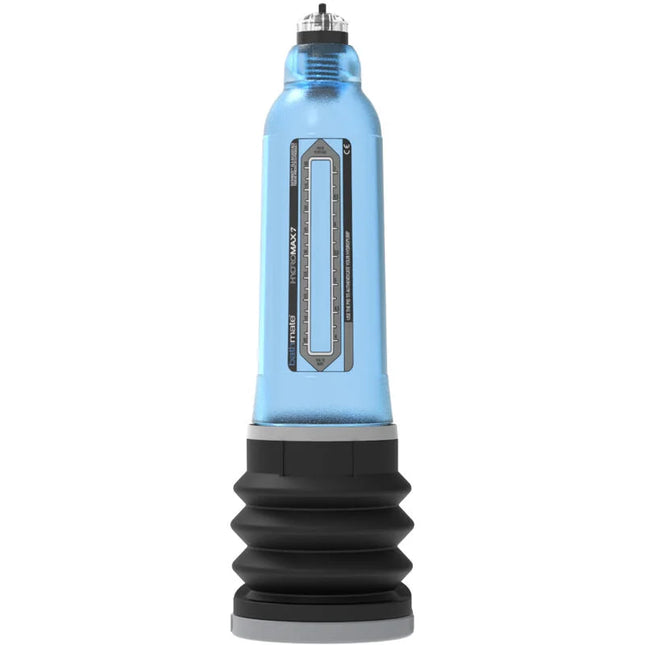 Blaue transparente plastik hydraulikpumpe mit schwarzer gummibasis und silberner metallkappe für penis-erhöhung