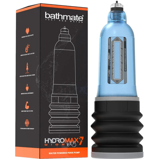 Blauer transparenter wasserbetriebener penis pumpe mit schwarzer texturierter basis und grauen akzenten von bathmate hydromax7 wide