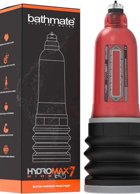 Rote und schwarze bathmate hydromax 7 wide boy x30 rot wasserbetriebene penispumpe mit transparentem oberteil und messskala