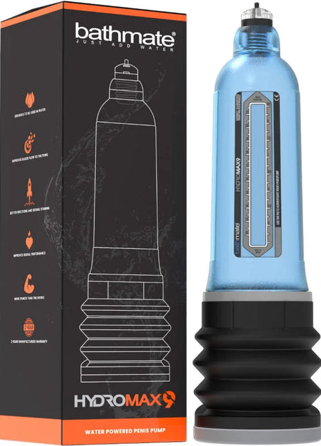 Blaue transparente wasserbetriebene penis-erhöhungspumpe bathmate hydromax 9 mit schwarzer basis und grauen akzenten