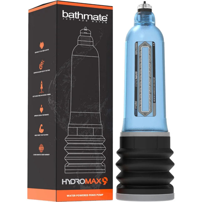 Blaue transparente wasserbetriebene penis-erhöhungspumpe bathmate hydromax 9 mit schwarzer basis und grauen akzenten