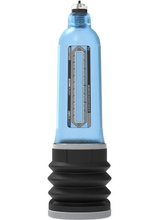 Bathmate hydromax 9 blau penis-erhöhungspumpe mit blau transparentem kunststoff schwarz gummi und silber metallic oberteil labeled vacuum maxx
