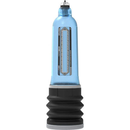Bathmate hydromax 9 blau penis-erhöhungspumpe mit blau transparentem kunststoff schwarz gummi und silber metallic oberteil labeled vacuum maxx
