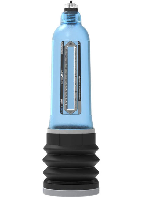 Bathmate hydromax 9 blau penis-erhöhungspumpe mit blau transparentem kunststoff schwarz gummi und silber metallic oberteil labeled vacuum maxx
