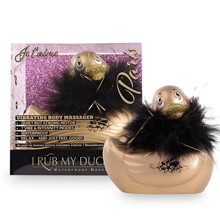 Goldfarbener federbesetzter duck-shaped vibrierender körpermassagegerät mit glänzendem finish und schwarzen dekorativen wirbeln von big tease toys
