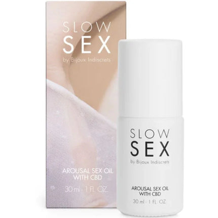 Weiße zylindrische flasche mit slow sex massageöl mit cbd von bijoux indiscrets 30 ml, rückseite sichtbar