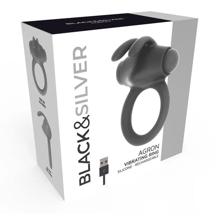 Schwarzer und silberner agron ring 2.0 vibrierender silikonring mit ergonomischem design und abgerundeten hervorhebungen