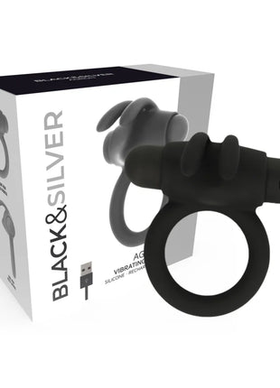 Schwarzer silikon vibrierender ring mit strukturierter oberfläche und power-button agron ring 2.o von black&silver