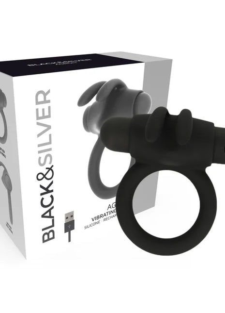 Schwarzer silikon vibrierender ring mit strukturierter oberfläche und power-button agron ring 2.o von black&silver