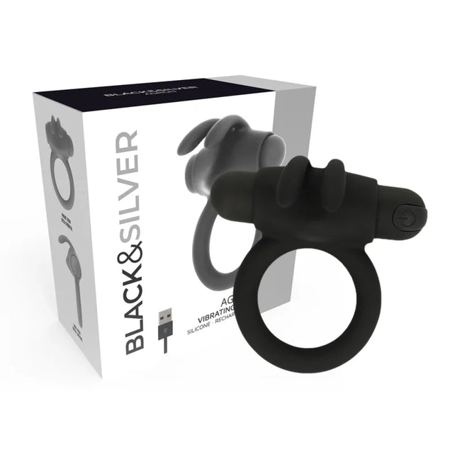 Schwarzer silikon vibrierender ring mit strukturierter oberfläche und power-button agron ring 2.o von black&silver