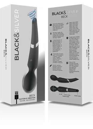 Schwarzer und silberner wiederaufladbarer silikon-massager und sauggerät beck von black&silver