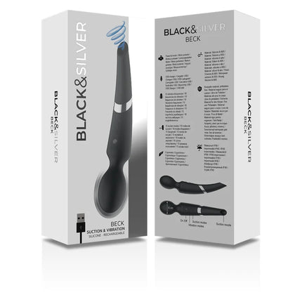 Schwarzer und silberner wiederaufladbarer silikon-massager und sauggerät beck von black&silver