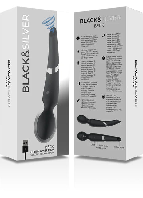 Schwarzer und silberner wiederaufladbarer silikon-massager und sauggerät beck von black&silver