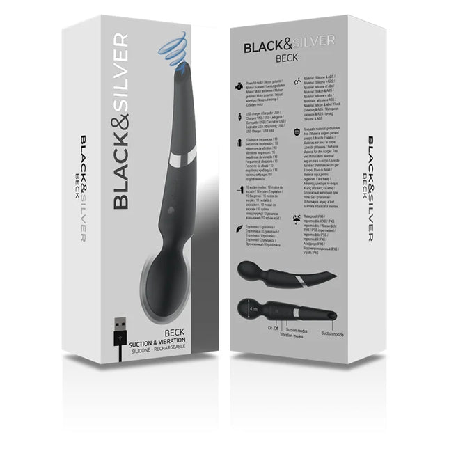 Schwarzer und silberner wiederaufladbarer silikon-massager und sauggerät beck von black&silver