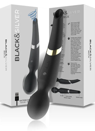 Schwarzer und silberner beck silikon-massager mit schlankem silikonkörper und goldfarbenem akzentring vorne