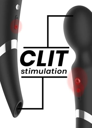 Schwarzer beck silikon-massager mit silbernen akzentbändern und roten indikatorlichtern für klitorisstimulation