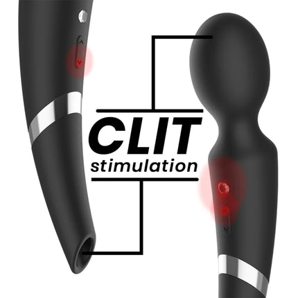 Schwarzer beck silikon-massager mit silbernen akzentbändern und roten indikatorlichtern für klitorisstimulation