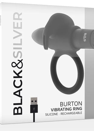 Schwarzer und silberner burton ring aus silikon mit 10 vibrationsmodi und usb-ladeanschluss in schwarzem finish