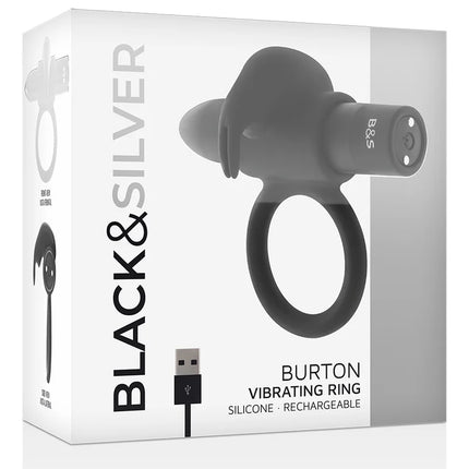 Schwarzer und silberner burton ring aus silikon mit 10 vibrationsmodi und usb-ladeanschluss in schwarzem finish