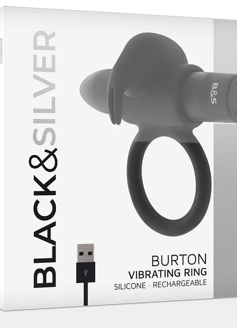 Schwarzer und silberner burton ring aus silikon mit 10 vibrationsmodi und usb-ladeanschluss in schwarzem finish