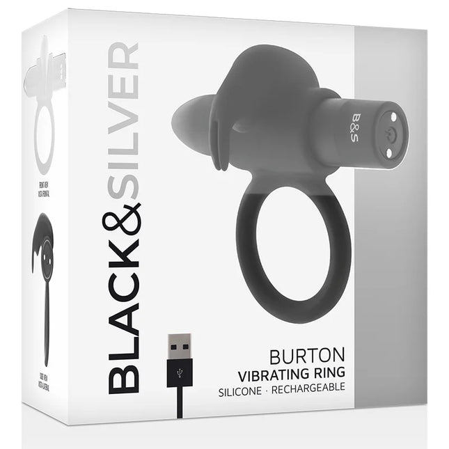Schwarzer und silberner burton ring aus silikon mit 10 vibrationsmodi und usb-ladeanschluss in schwarzem finish