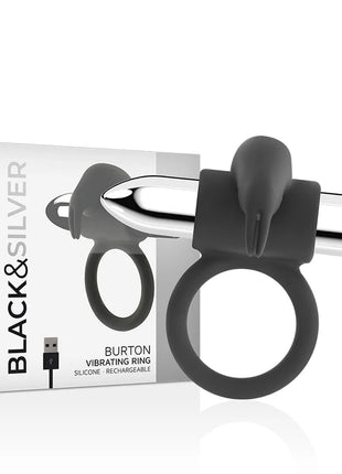 Schwarzer und silberner burton silikonring mit metallischem aufladbaren vibriertip und 10 vibrationsmodi