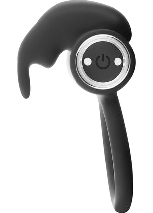 Schwarzes silikon-ohrhörer mit kreisförmigem einschaltknopf und silbernem akzentring im black&silver burton wiederaufladbaren ring mit 10 vibrationsmodi