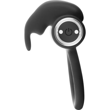 Schwarzes silikon-ohrhörer mit kreisförmigem einschaltknopf und silbernem akzentring im black&silver burton wiederaufladbaren ring mit 10 vibrationsmodi
