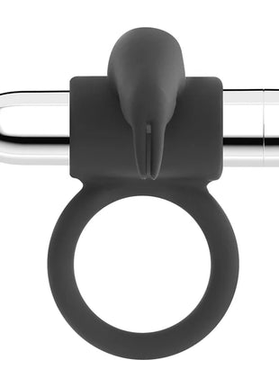 Schwarzer silikonring mit silberner metallischer kugelformiger anbringung und b&s logo gravur für 10 vibrationsmodi