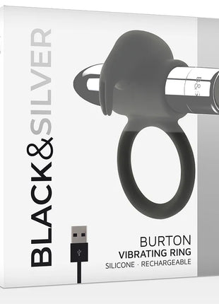 Schwarzer und silberner burton wiederaufladbarer silikonring mit usb anschluss und 10 vibrationsmodi