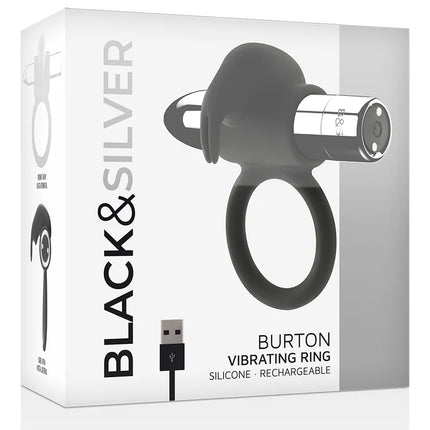 Schwarzer und silberner burton wiederaufladbarer silikonring mit usb anschluss und 10 vibrationsmodi