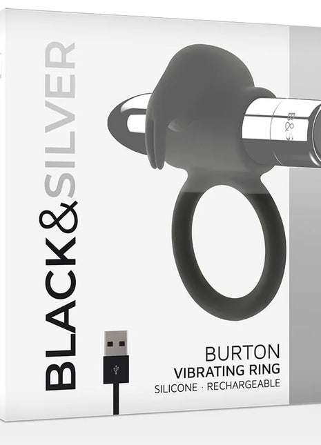 Schwarzer und silberner burton wiederaufladbarer silikonring mit usb anschluss und 10 vibrationsmodi