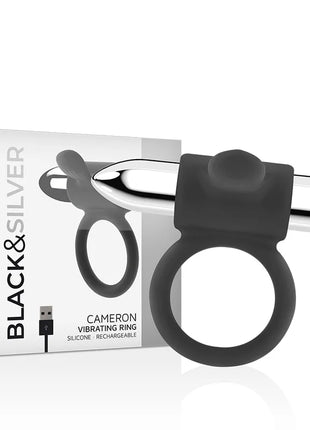 Schwarzer und silberner cameron vibrierender ring aus silikon mit wiederaufladbarer metallspitze
