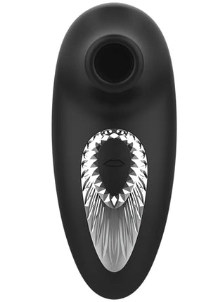 Schwarzes silikonspielzeug mit silberner, diamantbesetzter front im black & silver drake deluxe sucking vibe design