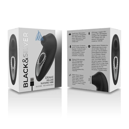 Schwarzer und silberner silikon drake deluxe saugvibrator mit ergonomischem und strukturiertem design