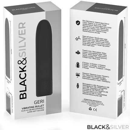 BLACK & SILVER - GERI USB WIEDERAUFLADBARER VIBRIERENDER BULLET 8 VIBRATIONEN SCHWARZ 10 X 2,2 CM - Vibrierende Kugeln