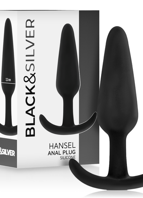 Schwarzer silikon-analsplug hansel mit kleinem griff und gebogenem hakenförmigem fuß für angenehme anwendung