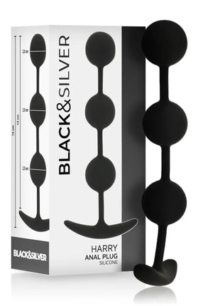 Schwarzer silicone analplug harry von black & silver mit drei kugelförmigen perlen und breitem sockel, 14 cm lang