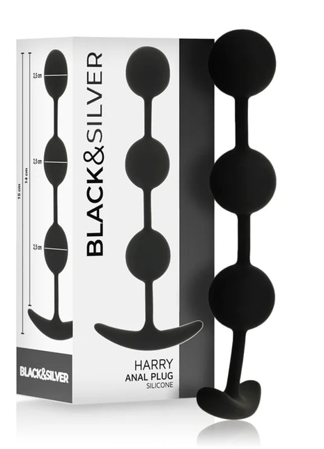 Schwarzer silicone analplug harry von black & silver mit drei kugelförmigen perlen und breitem sockel, 14 cm lang