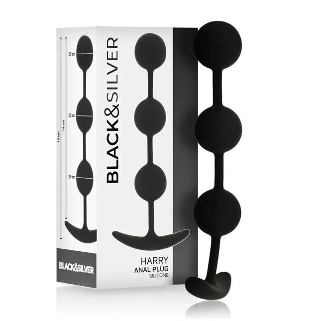 Schwarzer silicone analplug harry von black & silver mit drei kugelförmigen perlen und breitem sockel, 14 cm lang