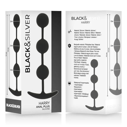 Schwarzer und silberner harry anal-plug aus silikon mit drei kugeln 14 cm lang
